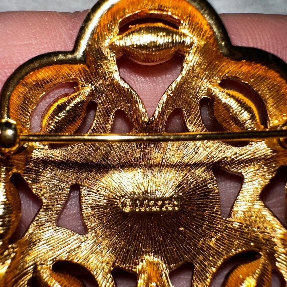 Monet Gold and crystal Purple stone Brooch with Pearl Center vintage look